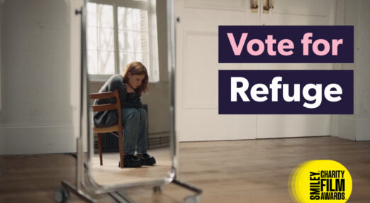Billie Piper sat on a chair reflected in a mirror with the text 'Vote for Refuge' above a logo for rhw Smiley Charity Film Awards