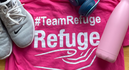 Image of Refuge t-shirt with headphones, water bottle and trainers